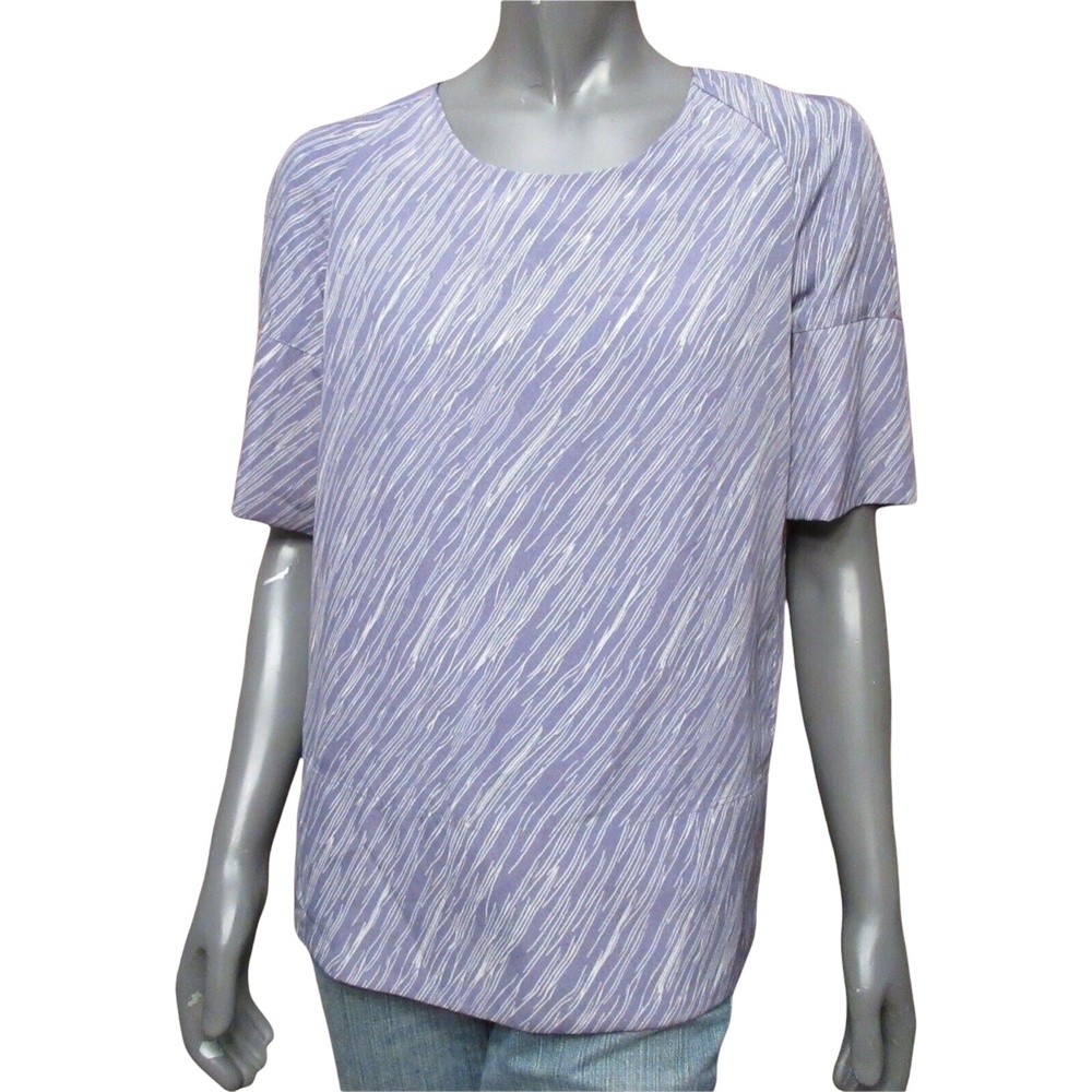 Simply Vera Wang Womens Top Purple White Print Short Sleeve Pleated Pullover XS